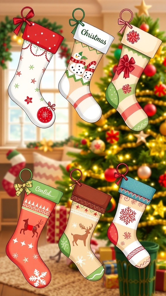 A variety of colorful Christmas stockings with different designs and patterns, set against a festive holiday backdrop.